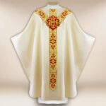 Embroidered liturgical chasuble in ecru with IHS symbol