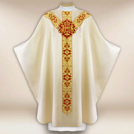 Embroidered liturgical chasuble in ecru with IHS symbol