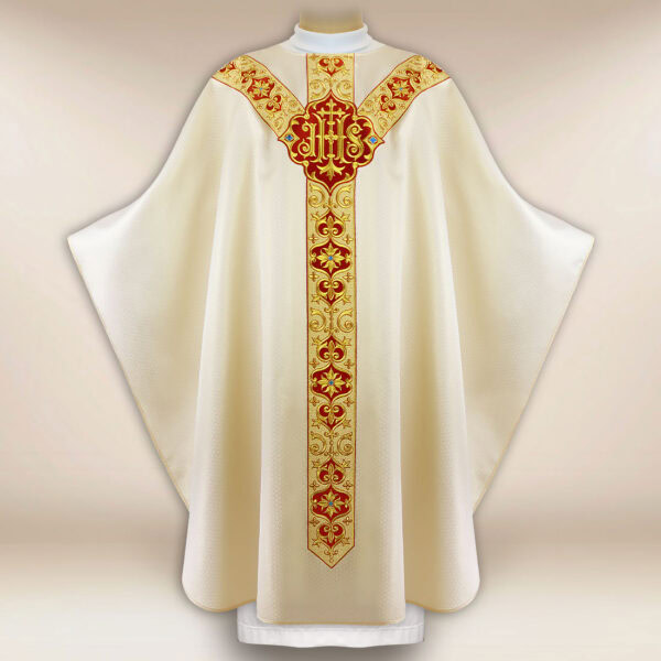 Embroidered liturgical chasuble in ecru with IHS symbol