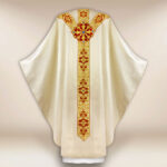 Embroidered liturgical chasuble in ecru with IHS symbol