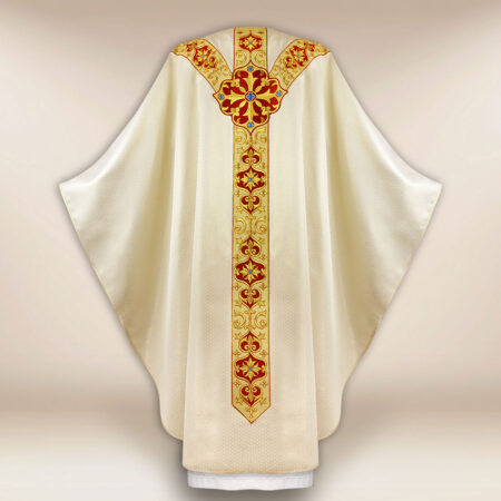 Embroidered liturgical chasuble in ecru with IHS symbol