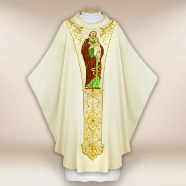 Liturgical chasuble embroidered with the image of St. Joseph.