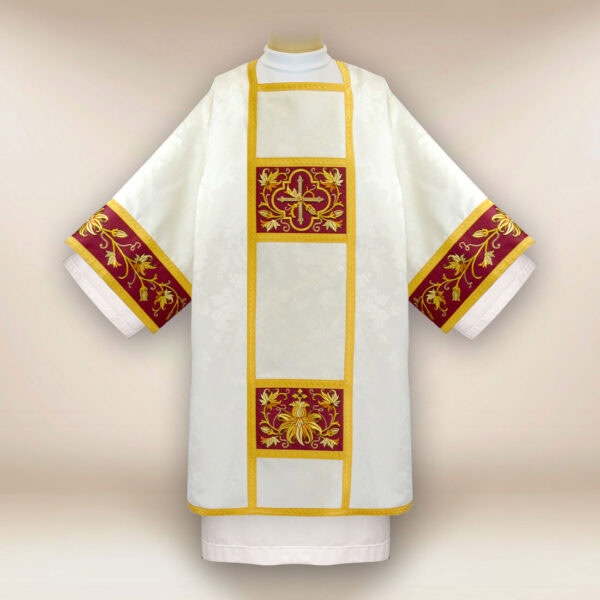 Embroidered ecru and burgundy dalmatic