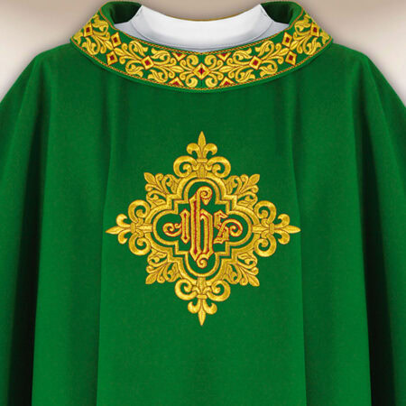 Embroidered Chasuble with IHS in Green