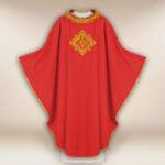 Embroidered chasuble with IHS in red