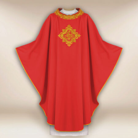 Embroidered chasuble with IHS in red