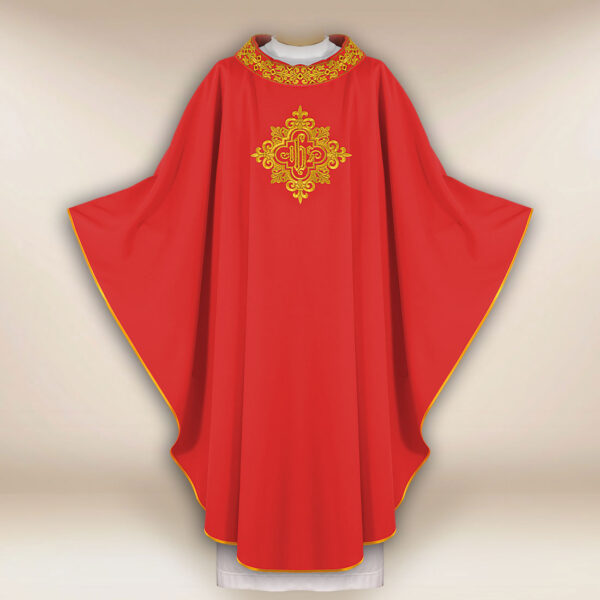 Embroidered chasuble with IHS in red