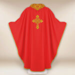 Embroidered chasuble with IHS in red