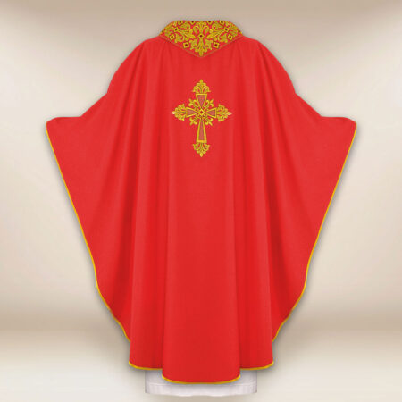 Embroidered chasuble with IHS in red