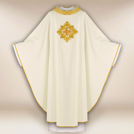 Embroidered Chasuble with IHS in Ecru