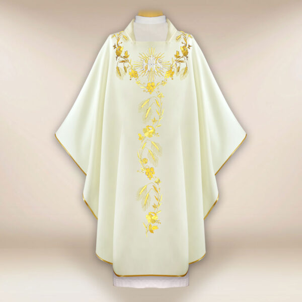Embroidered IHS Chasuble in Ecru