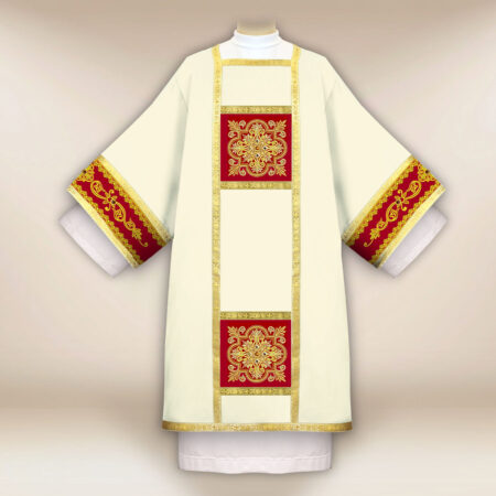 Embroidered ecru dalmatic with burgundy elements