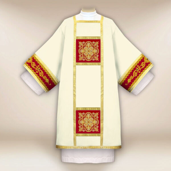 Embroidered ecru dalmatic with burgundy elements