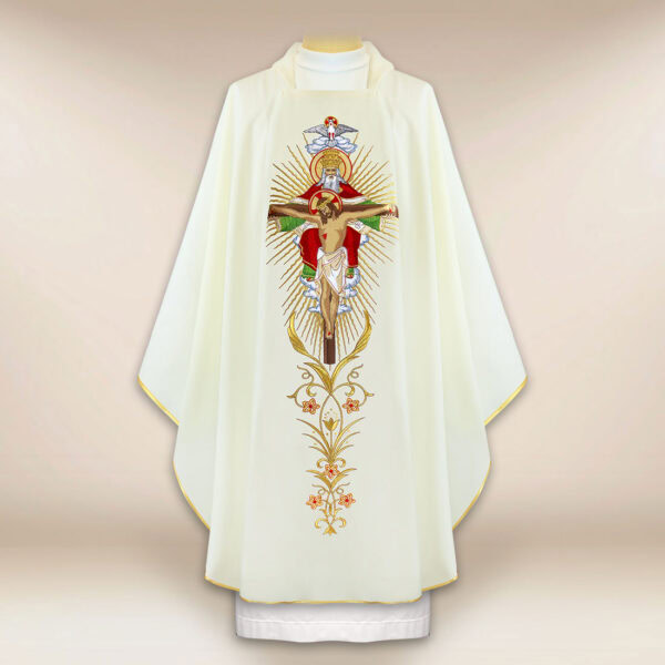 Embroidered Chasuble in Ecru Depicting the Holy Trinity