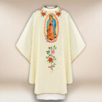 Embroidered liturgical chasuble in ecru, Our Lady of Guadalupe