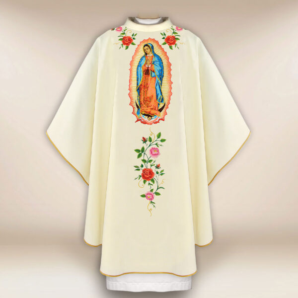 Embroidered liturgical chasuble in ecru, Our Lady of Guadalupe