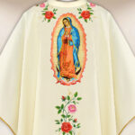 Embroidered liturgical chasuble in ecru, Our Lady of Guadalupe