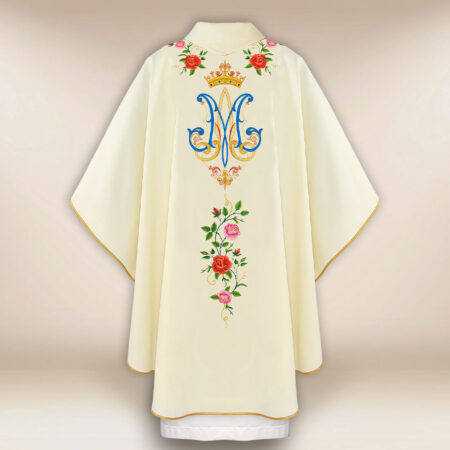 Embroidered liturgical chasuble in ecru, Our Lady of Guadalupe