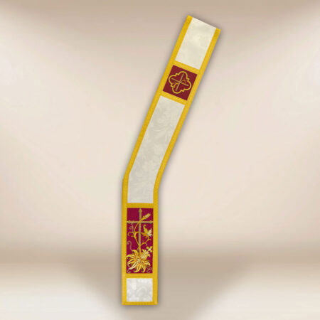 Embroidered deacon stole in ecru with burgundy