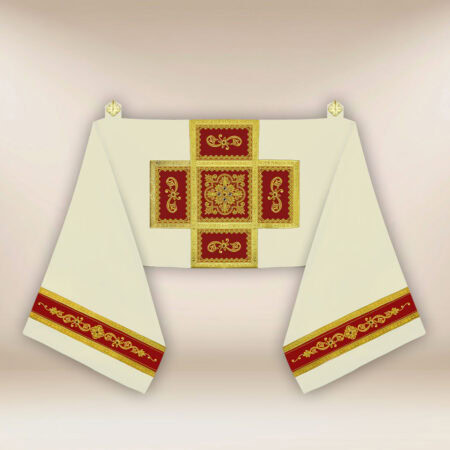 Ecru humeral veil with burgundy elements and golden embroidery