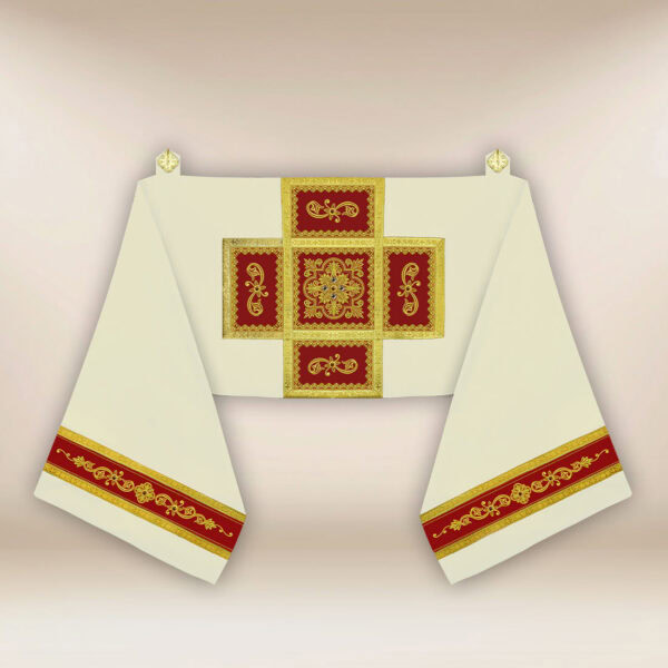 Ecru humeral veil with burgundy elements and golden embroidery