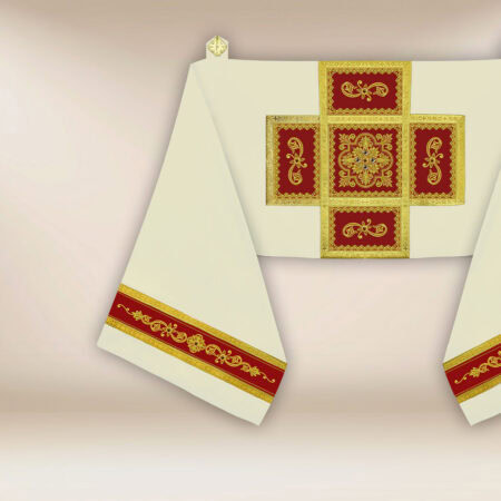 Ecru humeral veil with burgundy elements and golden embroidery