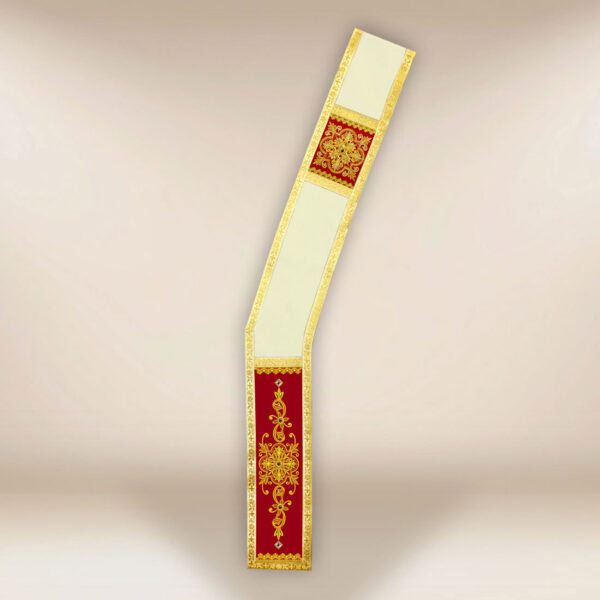 Ecru deacon stole with burgundy panels and gold embroidery