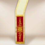 Ecru deacon stole with burgundy panels and gold embroidery