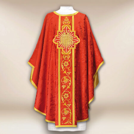 Liturgical red chasuble with IHS