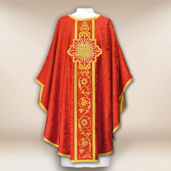 Liturgical red chasuble with IHS