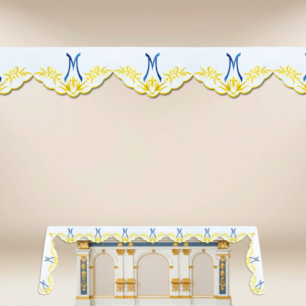 Marian altar cloth with gold and blue embroidery