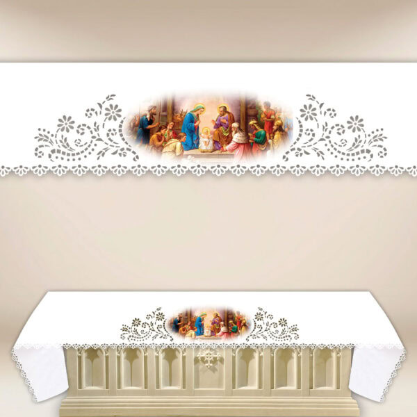 Lace altar cloth, laser-cut with print.