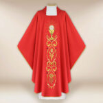 Beautiful embroidered red chasuble with a chalice motif