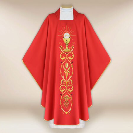 Beautiful embroidered red chasuble with a chalice motif