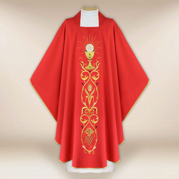 Beautiful embroidered red chasuble with a chalice motif