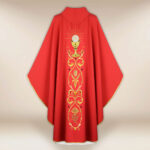 Beautiful embroidered red chasuble with a chalice motif
