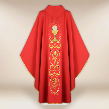 Beautiful embroidered red chasuble with a chalice motif