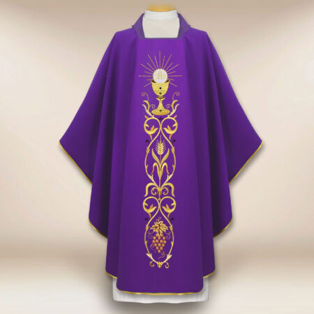 Beautiful embroidered purple chasuble with a chalice motif