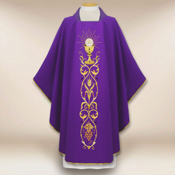 Beautiful embroidered purple chasuble with a chalice motif