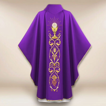 Beautiful embroidered purple chasuble with a chalice motif