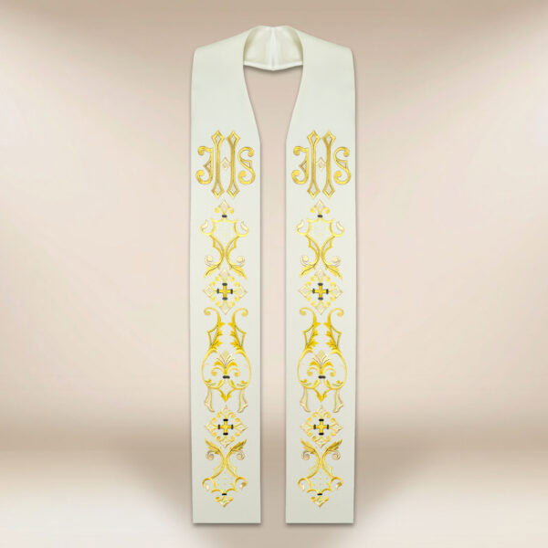 Embroidered Liturgical Stole in Ecru with IHS