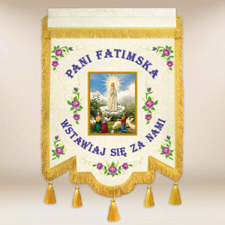 Chorągiew dwustronna haftowana z wizerunkiem Matki Bożej Fatimskiej