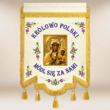 Chorągiew dwustronna haftowana z wizerunkiem Matki Bożej Królowej Polski